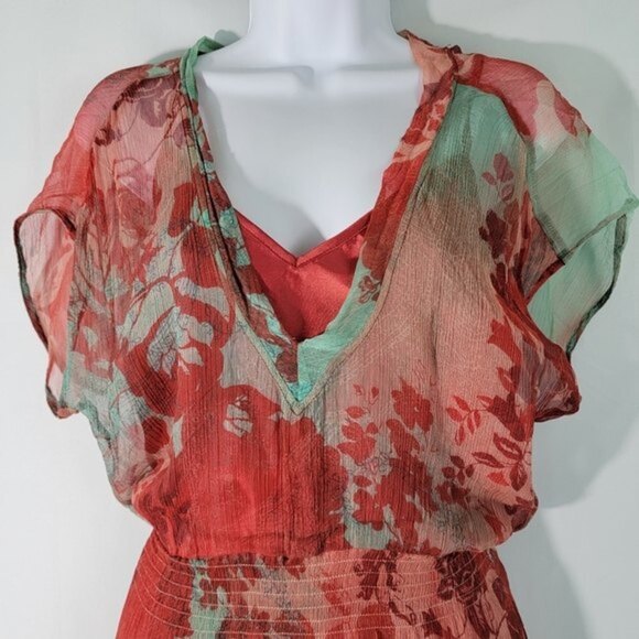 MNG Mango Women's Red/Green Floral Fully Lined V-neck Knee-Length Sundress Sz 4 - Picture 2 of 10